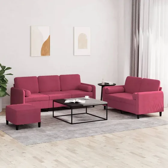vidaXL Sofasæt 3 dele i vinrød velour med puder og fodskammel