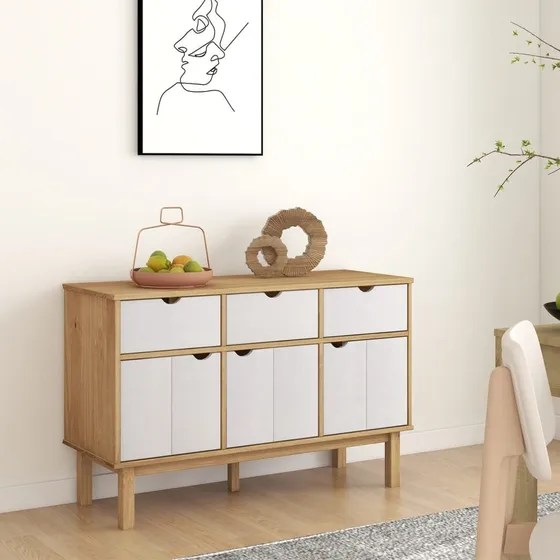 vidaXL OTTA skænk i massivt fyrretræ, brun og hvid, 113,5x43x73 cm
