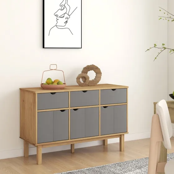 vidaXL OTTA skænk i massivt fyrretræ, 113,5x43x73 cm, brun/grå
