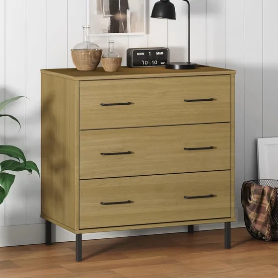 vidaXL OSLO skænk i massivt fyrretræ med 3 skuffer, brun, 77x40x79,5 cm