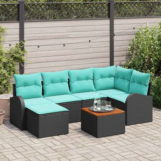 vidaXL Havesofa Sæt 7 stk. Sort og turkis Polyrattan