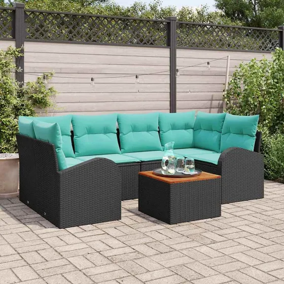 vidaXL Havesofa Sæt 7 stk. Sort og turkis i polyrattan