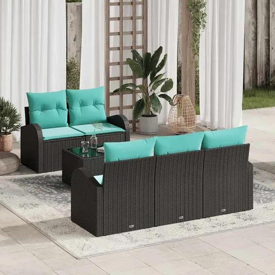 vidaXL Havesofasæt 6 dele - Sort og turkis polyrattan