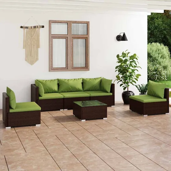 vidaXL Loungesæt 6 dele i polyrattan med hynder - Brun/Grøn