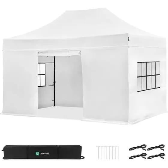 VONROC Premium Easy-Up Partytelt 3×4,5 m – Hvid med 4 sidevægge