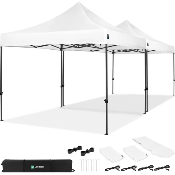VONROC Easy-Up Partytelt 6x3 m - Sæt med 2 telte & forbindelse - Hvid