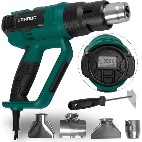 VONROC PRO Varmluftpistol 2000W - LCD-skærm & 5 dele tilbehør