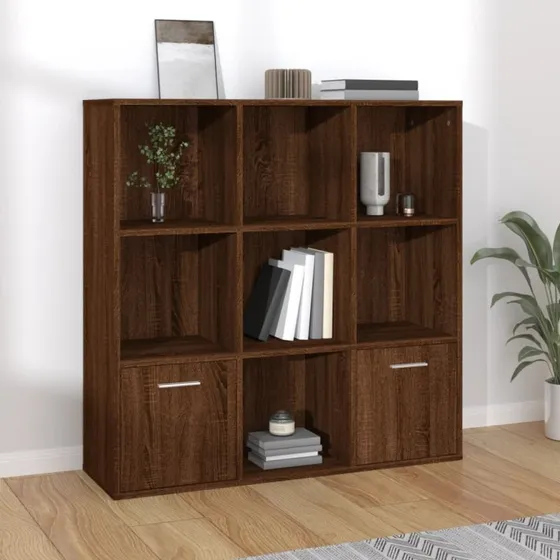 Bogreol 98x30x98 cm i brun egetræsfarve – 7 rum, 2 låger