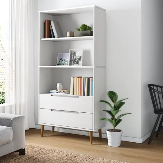 Bogreol MOLDE 85x35x170,5 cm – massivt fyrretræ, hvid