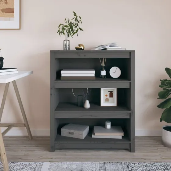 Bogreol i massivt fyrretræ 80x35x97 cm – grå