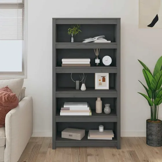 Bogreol i massivt fyrretræ 80x35x154 cm – grå