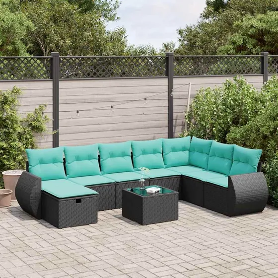 vidaXL havesofasæt 9 dele i sort polyrattan med blå hynder