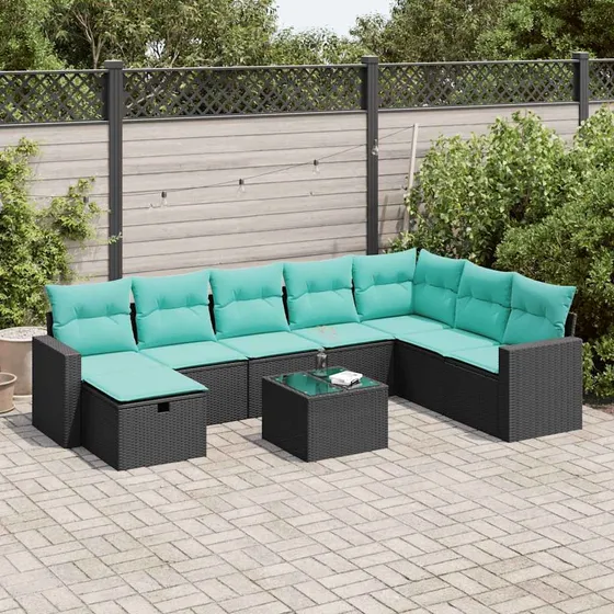 vidaXL Havesofasæt 9 dele i sort polyrattan med blå hynder