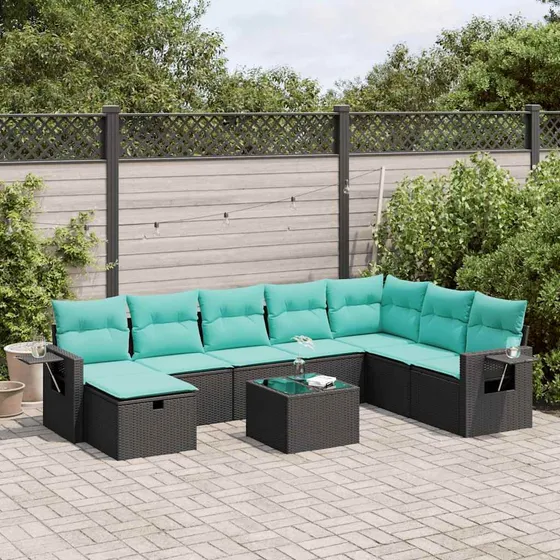 vidaXL Havesofasæt 9 dele i sort polyrattan med blå hynder