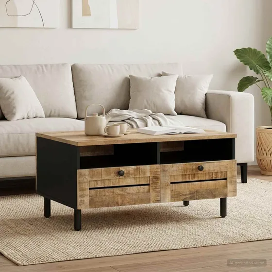 vidaXL Sofabord i massivt mangotræ - Brun/Sort - 80x54x40 cm