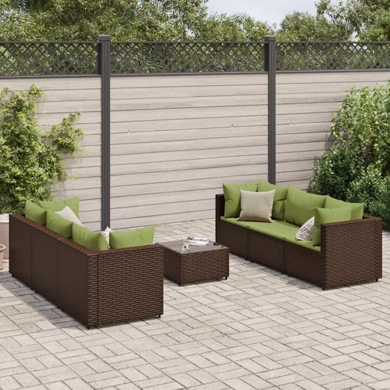 vidaXL loungesæt 7 dele i brun polyrattan med grønne hynder