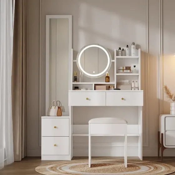 4-i-1 Toiletbord med LED-spejl, skammel og helkropsspejl - Hvid