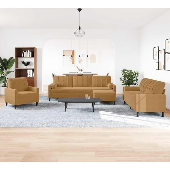 vidaXL Sofasæt 4 dele i brun velour med hynder og bolsterpuder