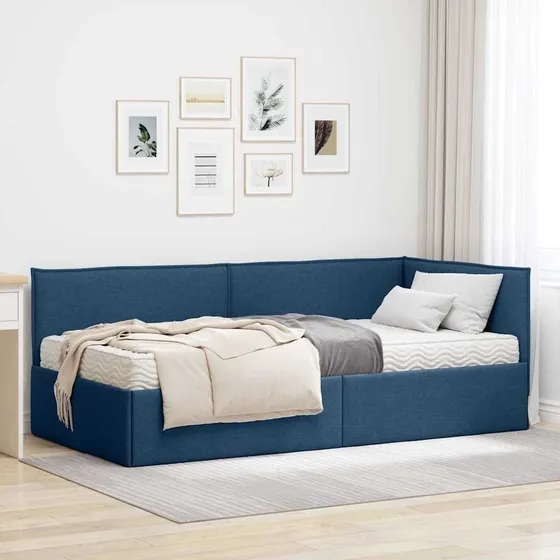 vidaXL Hjørnesengramme med madras 2 stk. Blå Fløjl 90x200 cm