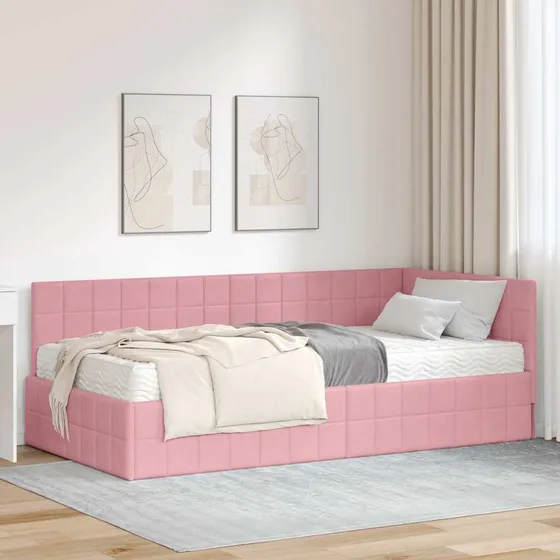 vidaXL Hjørnesengramme med madras 100x200 cm Lyserød Fløjl