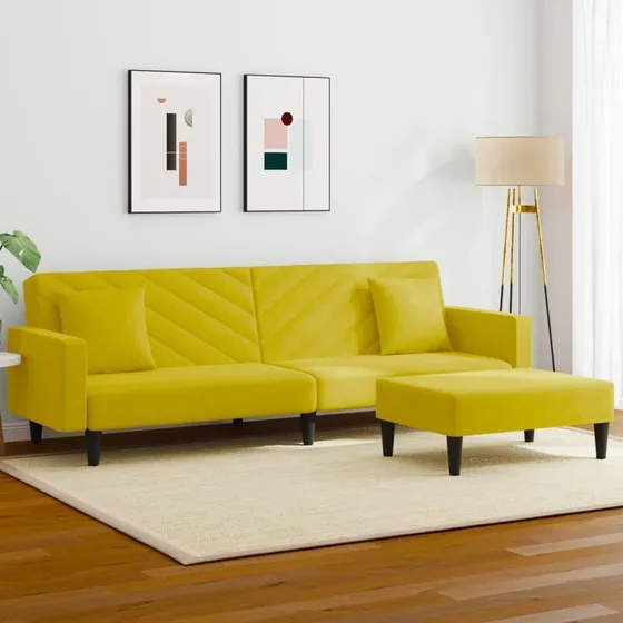 Sofasæt 2 dele med sovesofa, fodskammel og puder i gul velour