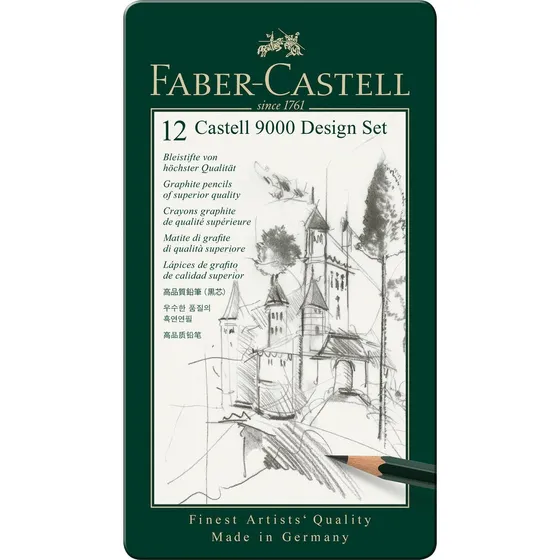 Faber-Castell Castell 9000 blyantsæt, 12 stk. (5B-5H) i metaldåse