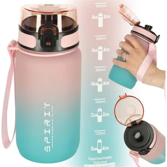 Vandflaske 600 ml med målemarkering og kliklåg, rosa/blå