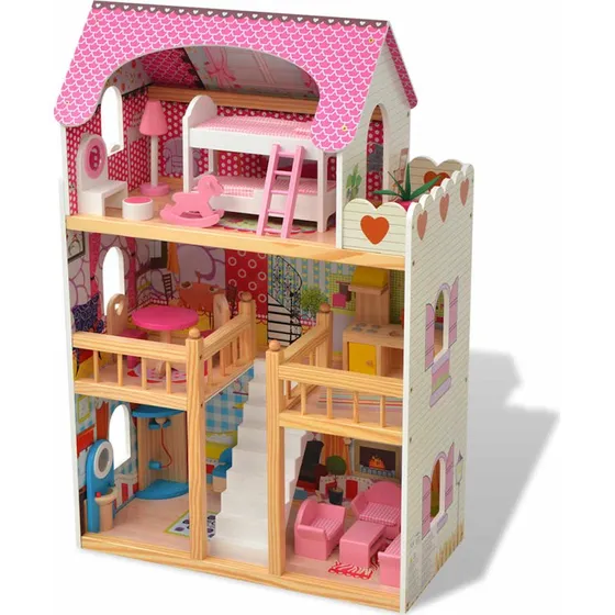 3-etagers dukkehus i tr 60x30x90 cm med mbler