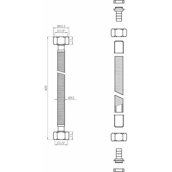 Sort nylonflettet slange 1/2" x 1/2", 40 cm