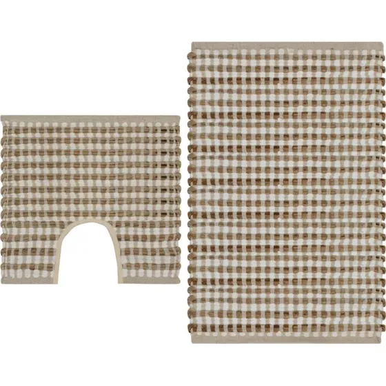 Bademttest i hndvvet jute  natur/hvid (2 dele)