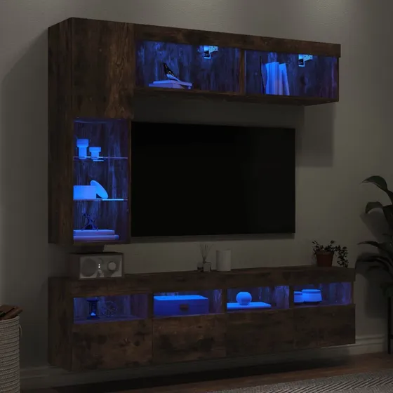 vidaXL Væghængt tv-møbel 7 dele med LED-lys, røget egetræ