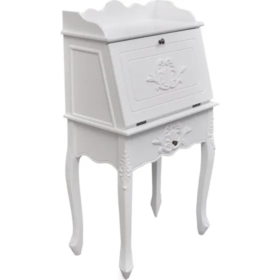 Fransk antik skrivepult i træ – hvidmalet med opbevaring