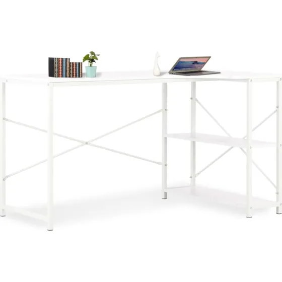 Hvidt computerbord 120x72x70 cm  L-formet med hylder