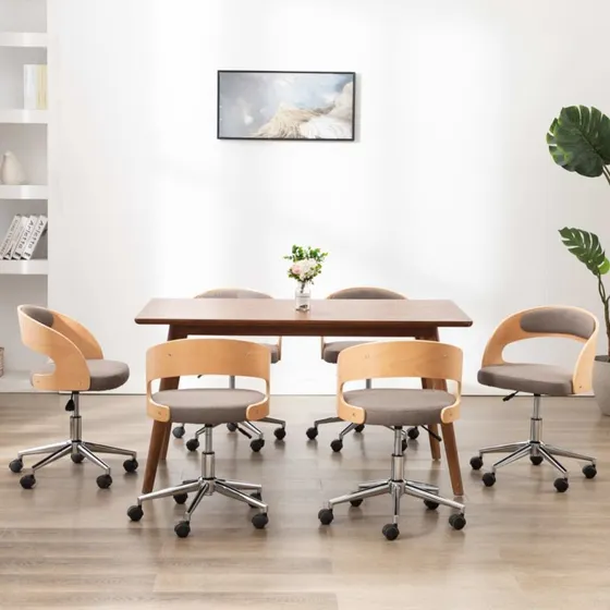 St 6 drejelige spisebordsstole i bjet tr og grbrun stof