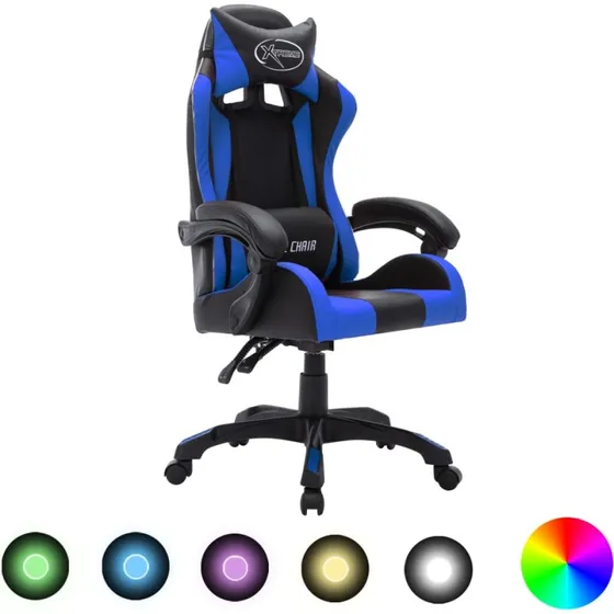 Gamingstol m. LED RGB, kunstlder bl/sort