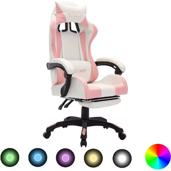 Gamingstol RGB i kunstlder  pink/hvid med fodsttte