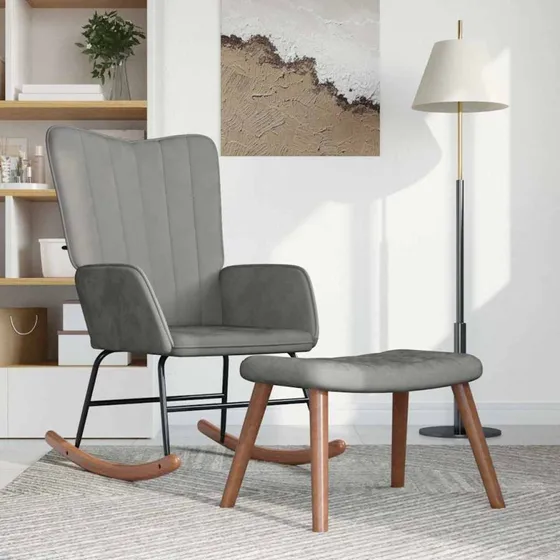 Gyngestol med fodskammel i lysegråt fløjl