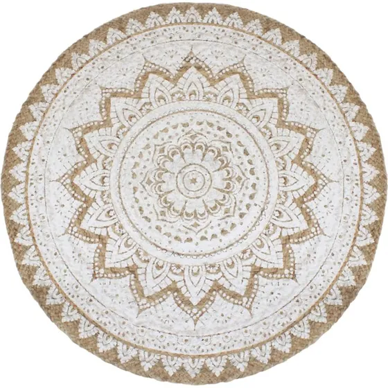 Flettet jute-rundt gulvtæppe med print Ø240 cm