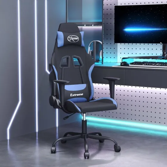 Gamingstol med massagefunktion i stof – sort/blå