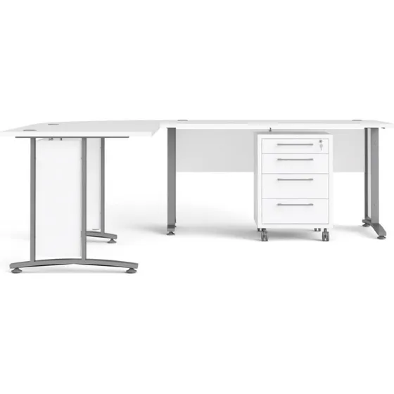 Rio hjørneskrivebord hvid med stålstel og 4 skuffer