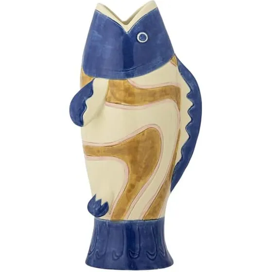 Bloomingville Irving Vase i stentøj – fisk, blå/guld