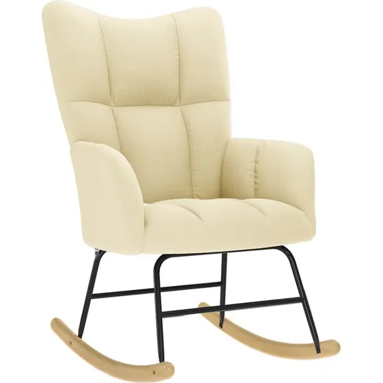 Gyngestol i creme stof med polstret sæde og træ/metalstel