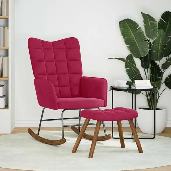 Gyngestol med fodskammel i fløjl – vinrød