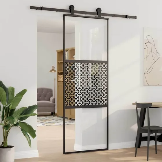 Sort skydedr i aluminium med hrdet glas 90x205 cm