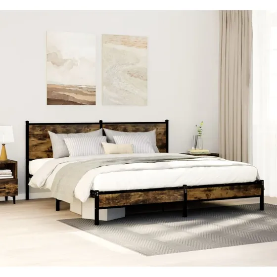 Sengeramme 183x213 cm i metal – røget egetræsfinish