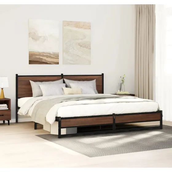 Sengeramme i metal 183x213 cm - brun/egetræslook