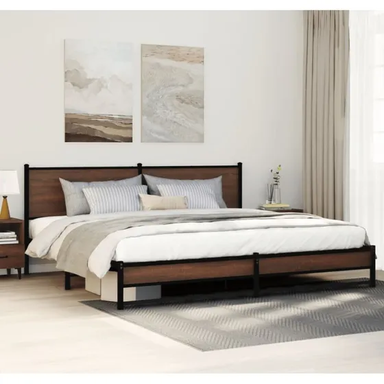 Sengeramme i metal 193x203 cm – brun egetræsfarve