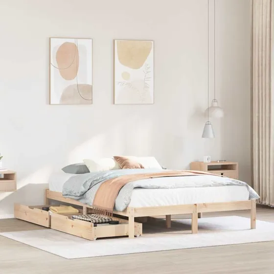 Sengeramme 135x190 cm i massivt fyrretræ - hvid, 2 skuffer