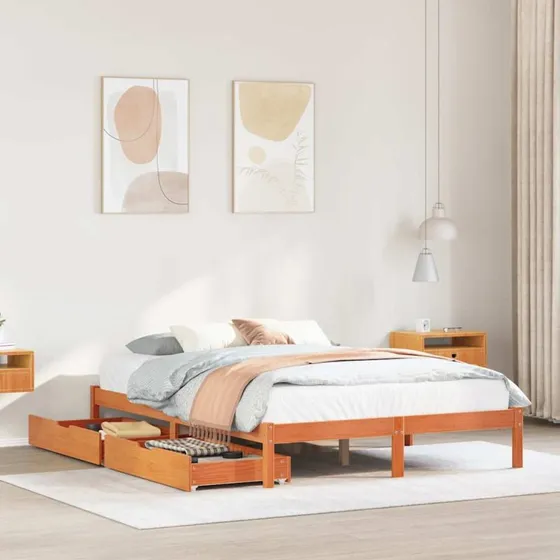Sengeramme i massivt fyrretræ 135x190 cm med skuffer