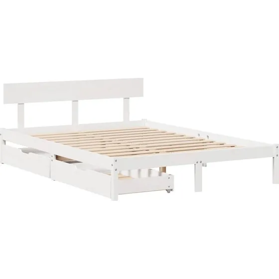 Sengeramme 160x200 i massivt fyrretræ – hvid med skuffer